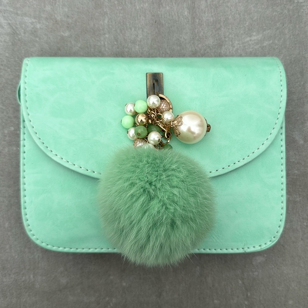 Chic Mint Green Faux Leather Wallet with Fluffy Pom-pom & Pearl Charm